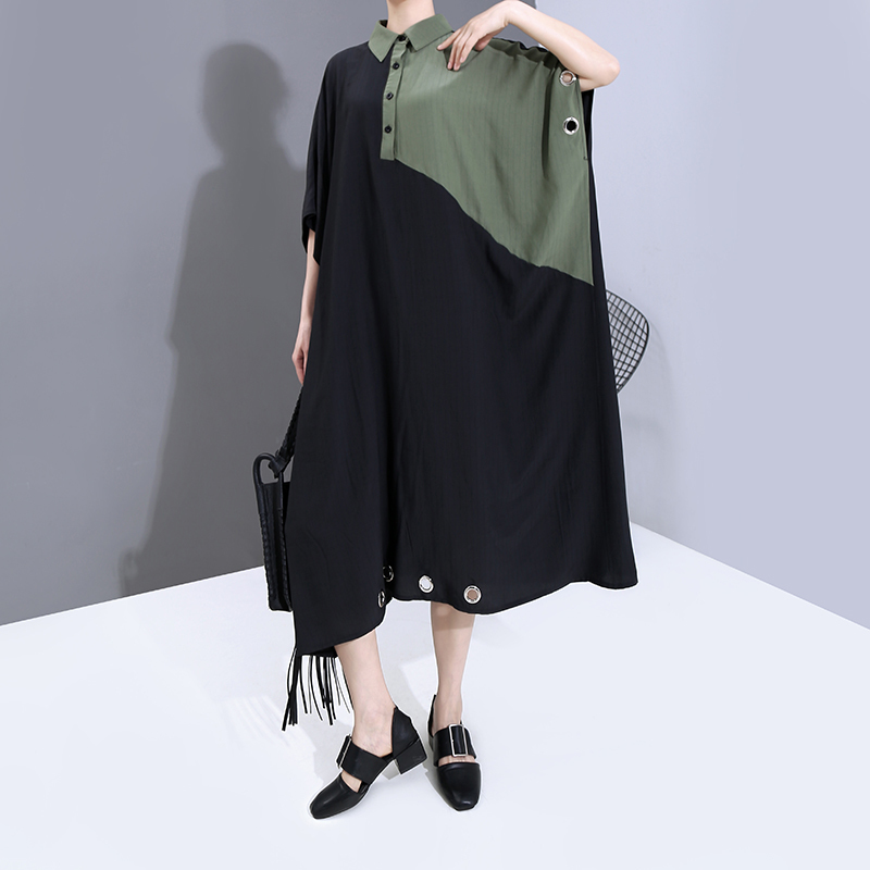 New Women Summer Black Patchwork Long Shirt Dress Plus Size Lapel Metal Ring Holes Lady Unique Casual Dress Robe Femme 6163 T200521
