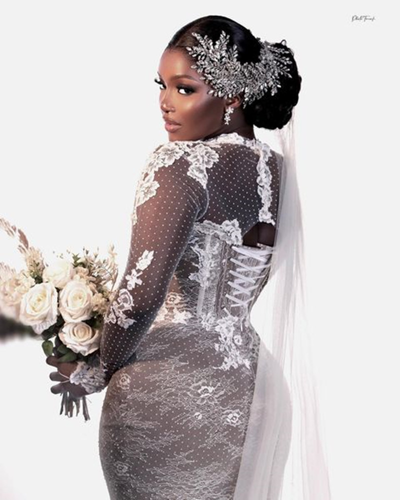 Long Sleeve Mermaid Wedding Dresses Full Applique abito da sposa Vintage Lace-up Corset African Aso Ebi Bridal Dress gown