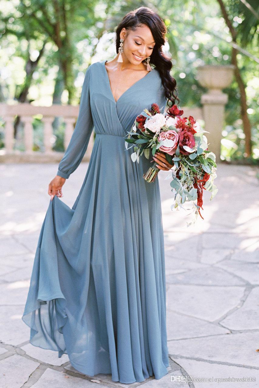 V Neck Bohemian Chiffon Bridesmaid Dresses Long Sleeves Pleats Floor Length Wedding Guest Dress Maid Of Honor Robes De Demoiselle D'honneur Moise
