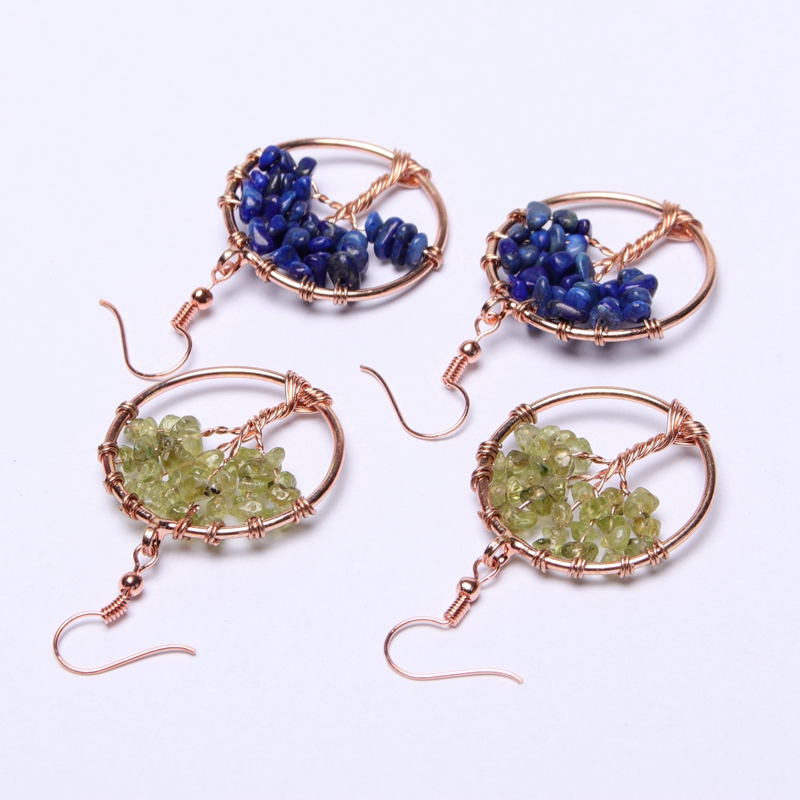 Hand-woven Tree of life Dangle Earrings Copper Wire Wrapped Natural Stone Round Wish-tree Rose Gold Charm Women Earring Reiki Healing Crystal DIY Jewe