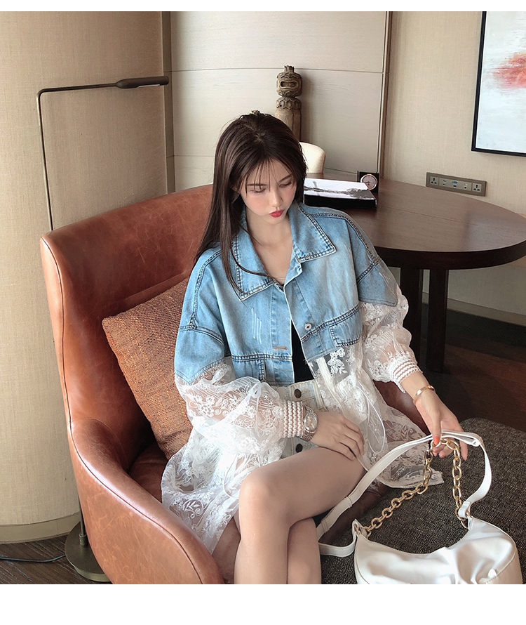 New Summer Long Sleeve Large Size Jeans Jackets Women's Coat Loose Lace Stitching Perspective top Jacket Ladies denim coat 201126