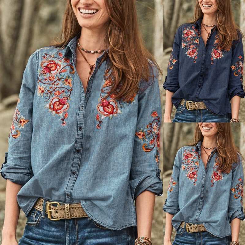 Women's Embroidery Blouse 2019 Elegant Denim Blue Shirts Long Sleeve Chemise Female Button Down Blusa Tunic Plus Size Top T200321