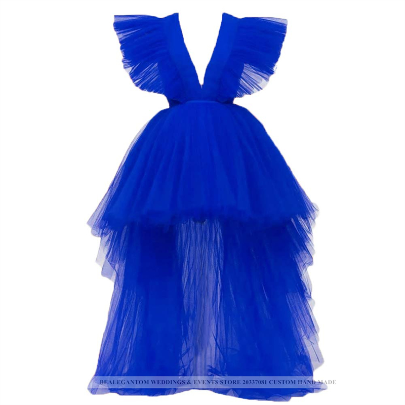 Sexy Deep V-Line Hi-Lo Tulle Formal Evening Dresses With Ruffles Prom Party Gowns BE02