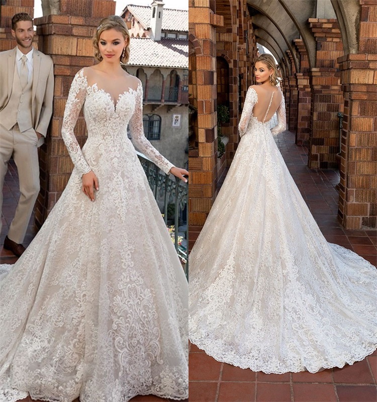 Gorgeous A-line Wedding Dresses Jewel Sheer Long Sleeves Appliques Lace Ruched Bridal Gowns Sweep Train Custom Made Vestidos De Novia