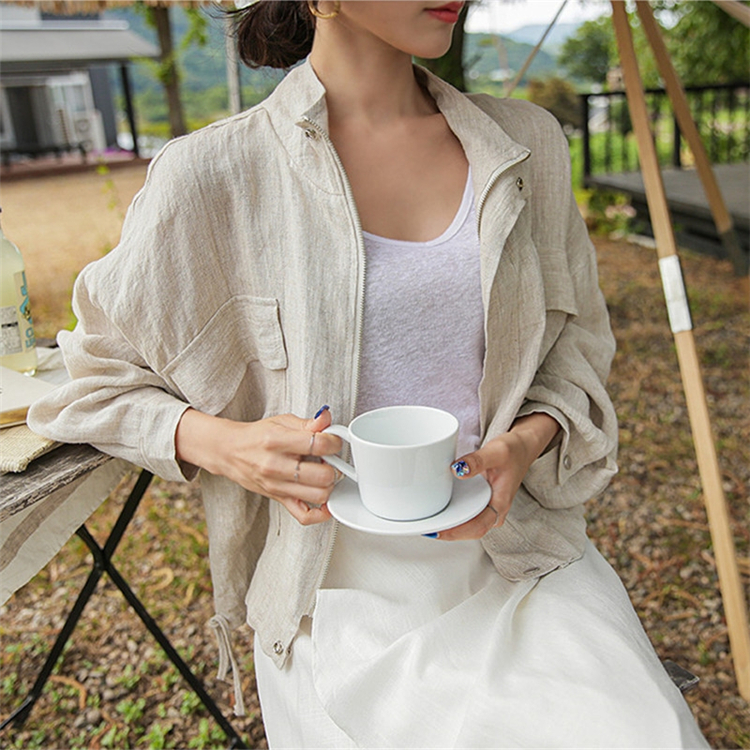 Colorfaith Summer Autumn Women's Jacket Stand Collar Casual Pockets Cargo Cotton and Linen Zipper Short Tops JK8196 201112