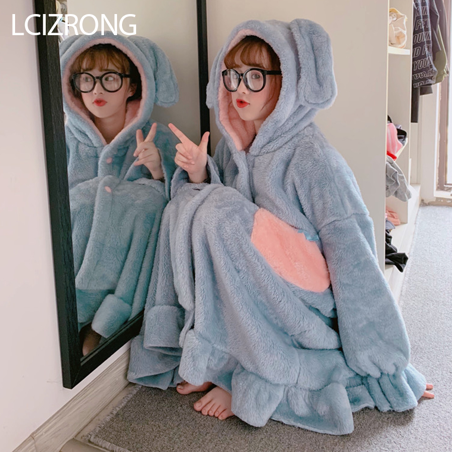 Winter Sweet Girl Cute Big Rabbit Ear Loose Bathrobe Women Fashion Warm Comfortable Midi Robe Long Sleeve Dressing Gown Female 210203