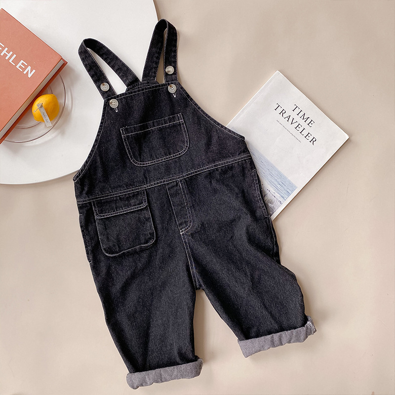 Autumn boys loose casual black denim overalls Children all-match wide leg suspender trousers 201128
