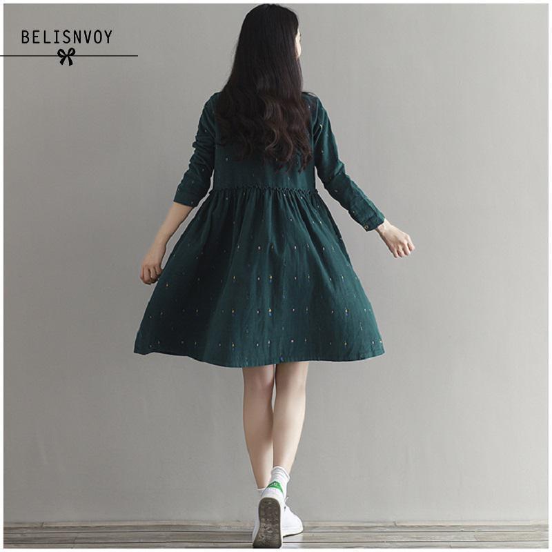 Autumn Women Dresses Turn-down Collar Character Long Sleeve Casual Loose Vestidos Femininos Corduroy Green Vintage Dress T200416