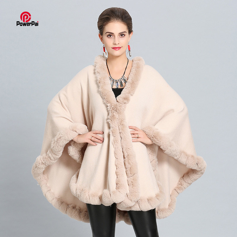 Fashion Handcraft Full Trim Faux Rex Rabbit Fur Cape Coat Loose Knit Cashmere Cloak Shawl Women Fall Winter New Pallium Outwear 201026