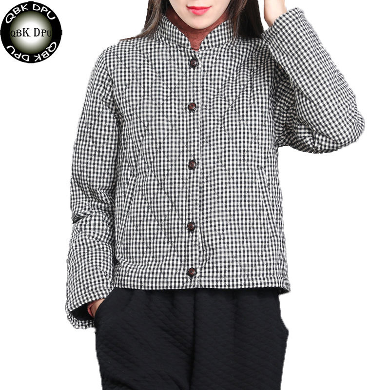 Mom's Autumn Winter Thin Coat Women Cotton Jacket Black and White Plaid Stand Collar Parkas Warm Elegant Female Outerwear office 201019