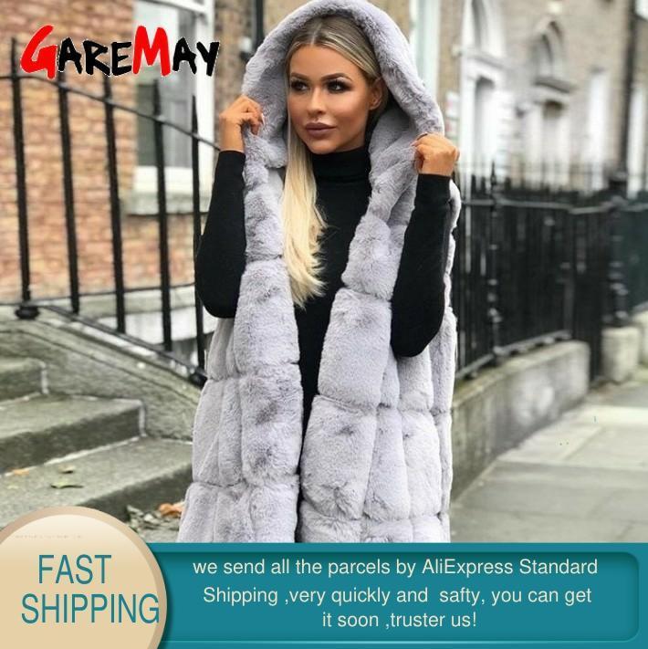 Faux Fur Vest women's Winter Sleeveless Casual long coat Female Fluffy Plush Vest Hooded Overcoats For women Fur Jacket S-2XL 201029