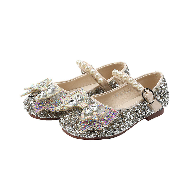 Toddler Autumn Baby Girl Fashion Sequins Rhinestone Kids Princess Pearl Bowtie Flat Girls Leather Shoes SX496 201113
