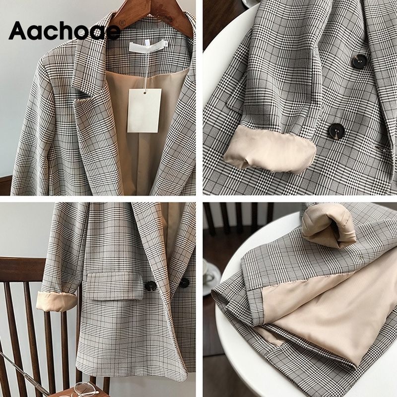 Aachoae Korean Style Chic Plaid Blazer Women Office Wear Long Sleeve Female Jacket Vintage Loose Pockets Double Breasted Coat 201114