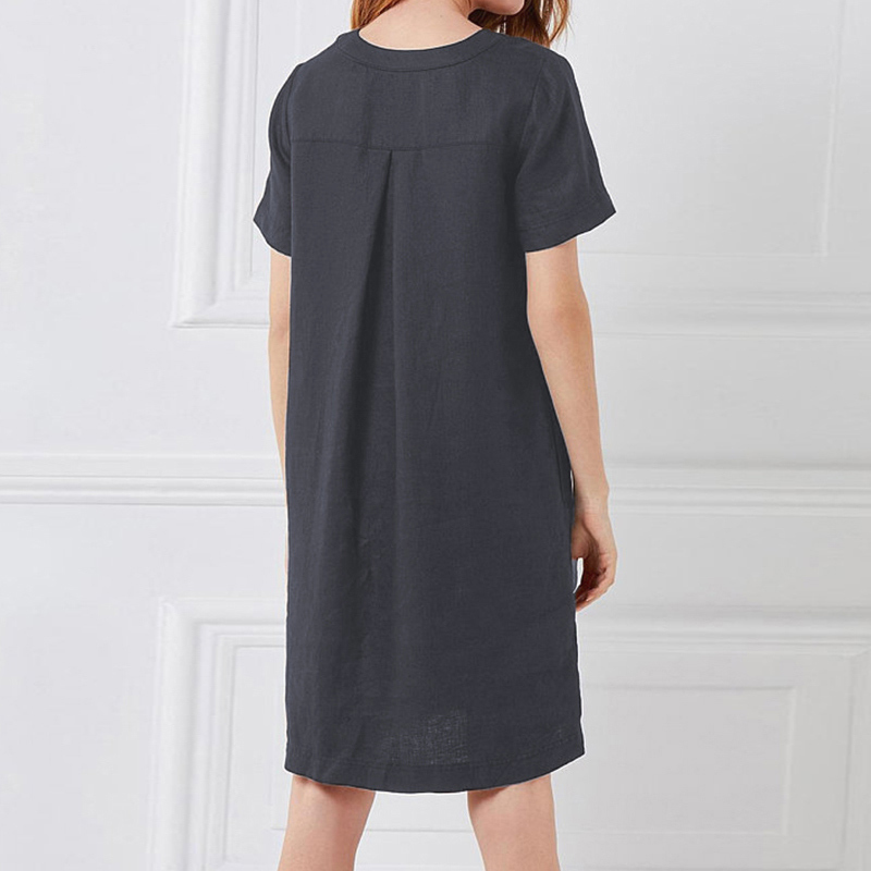 Womens Linen Cotton Short Sleeve Pocket Midi Dress Button Plus Size Solid Dresses Female 2019 Summer Vintage Straight Clothes T190608