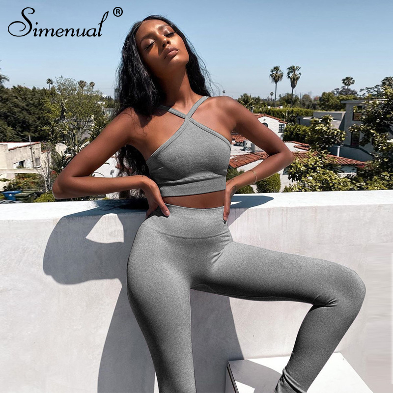 Simenual Fitness Sporty Workout Two Piece Sets Women Casual Solid Active Wear Summer Tracksuits Strap Crop Top And Leggings Set T200607
