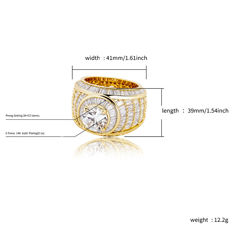Men's Hip Hop Full Diamond Stone Rings Bling 18k Real Gold Plated 5A Cubic Zircon Finger Ring Jewelry Gift