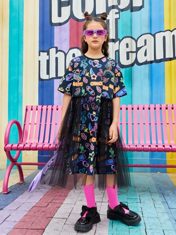 Girls Cartoon Graphic Sheer Mesh Detail Dress SHE