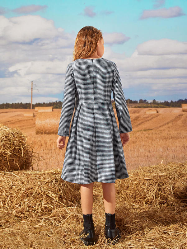 Girls Bow Detail Fold Pleated Houndstooth Dress SHE