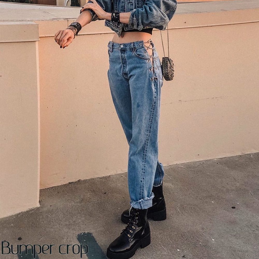 Bumpercrop Sexy Link Chain Boyfriend Women Hollow Out High Waisted Jeans Femme Denim Loose Ladies Pants Vintage Jean