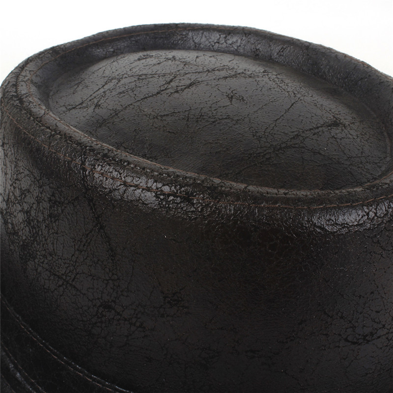 100% Leather Pork Pie Fedora Men Boater Flat For Gentleman Dad Porkpie Gambler Top Hat Big 4Size T200508