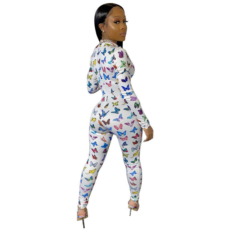 Lips Printed Sexy Skinny Overall for Women Stand Collar Zipper Front Bodycon Rompers Party Club Long Sleeve One Piece Jumpsuit T200509