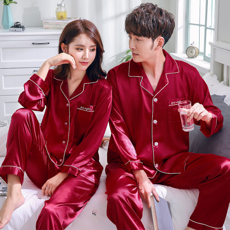 BZEL Couple Pajama Set Silk Satin Pijamas Long Sleeve Sleepwear His-and-her Home Suit Pyjama For Lover Man Woman Lovers' Clothes 201109