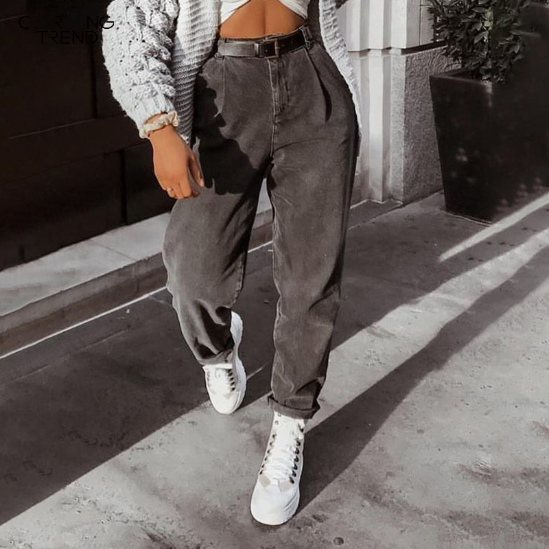 Woman Mom Casual Jeans Pants Boyfriend High Waist Denim Pants New Autumn Retro Solid Comfortable Jeans Female Gray 201105