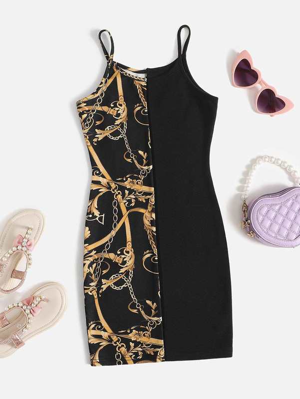 Girls Colorblock Chain Print Cami Dress SHE