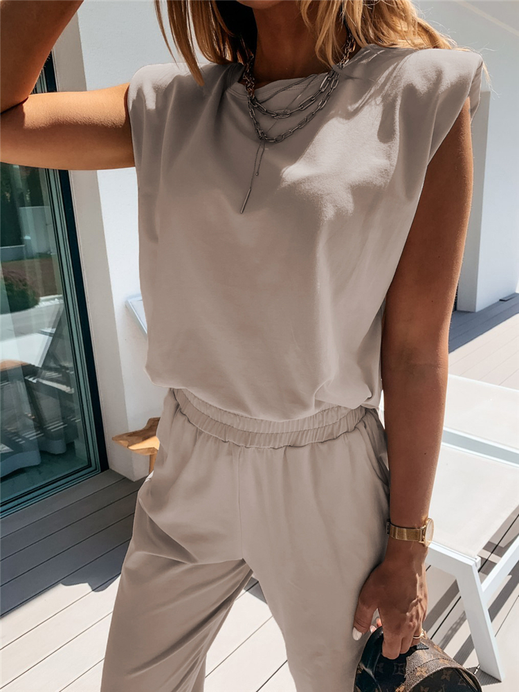 Womens 2 Pieces Sets Shoulder Pads T Shirts And Long Pants Female Tracksuit Sleeveless Solid Sport Suits Fashion Ladies Clothes 201104
