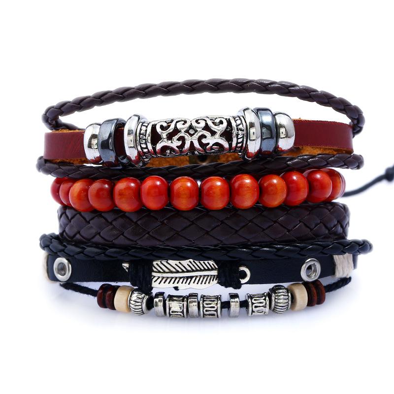 Retro woven diy cowhide bracelet beaded twine alloy men's jewelry