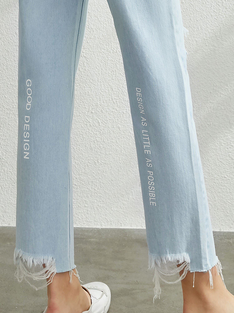 AMII Minimalism Spring Summer Hollow Out Light Blue Women Jeans Caual Straight Letter Printed Female Pants 12070216 201105