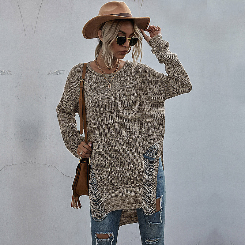 New Women's Ripped Autumn Sweaters Disdressed Tops Long Knit Ribbed Clothes Lady's Wooly Winter Jumpers Side Slit Pullovers 201030wtt