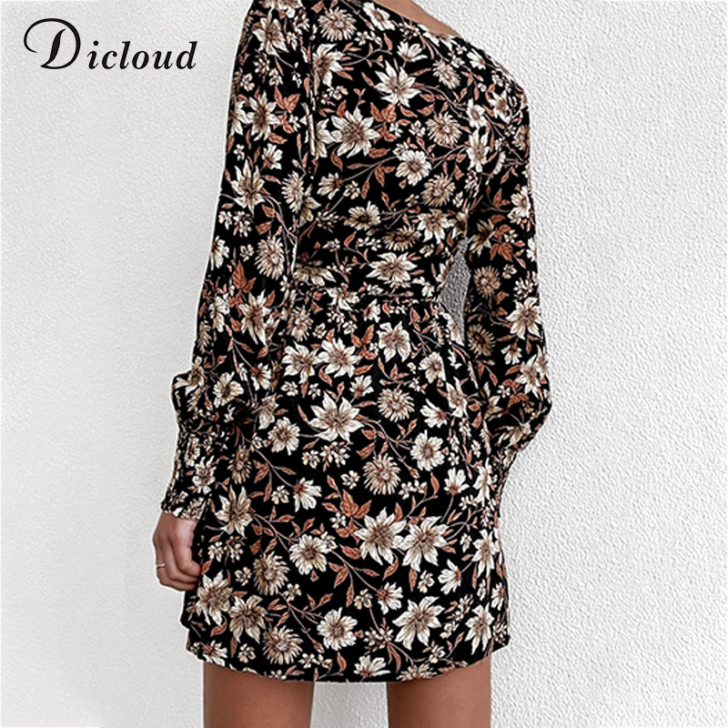 DICLOUD Women Floral Print Boho Party Dress Sexy V Neck Long Sleeve Autumn Winter Clothes With Waist Tie Elegant Day Dress 201030