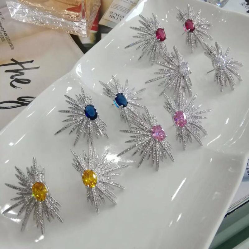 Punk Style Spike Earring Pave Cubic Zirconia brinco Green stone Sparkly Star Galaxy Stud Earrings Clear silver colour