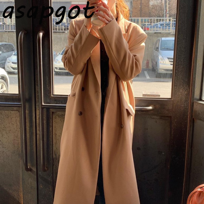 Slim Vintage Autumn Winter Lapel Double-breasted Loose Khaki Long Trench Coat Women Jacket Casual Street Elegant Pockets 201031