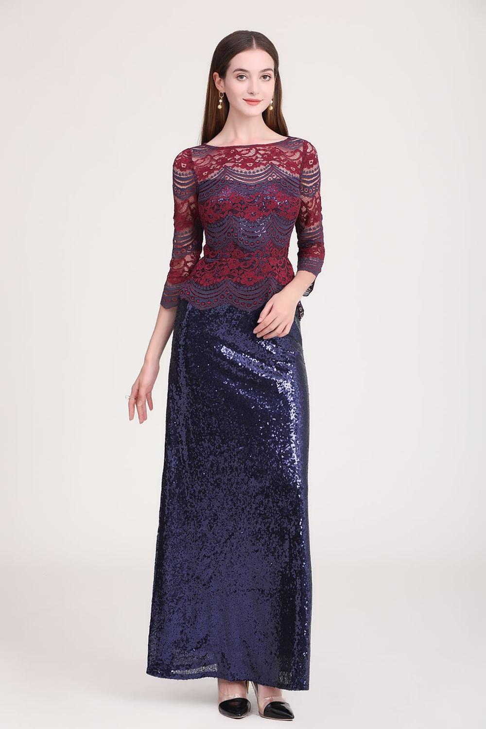 Women's Party Dress O Neck Embroidery Lace Long Sleeves Patchwork Sequined Elegant Maxi Runway Prom Dresses