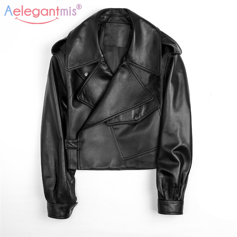 Aelegantmis Black Short Loose Pu Leather Jacket Autumn Winter Soft Faux Leather Jacket Street Casual Outwear Ladies Biker Jacket 201020