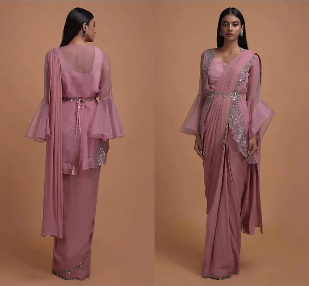 Thulian Pink Ready Pleated Saree Topped With Organza Jacket Having Bell Sleeves 2022 bling bling indian evening prom dresses