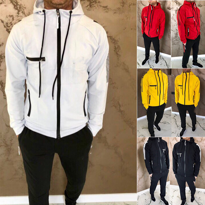 New men's Tracksuits fashion European and American zipper hooded printed patchwork sweater solid color sports pants men's suit, Red
New men's Tracksuits fashion European and American zipper hooded printed patchwork sweater solid color sports pants men's suit, Red