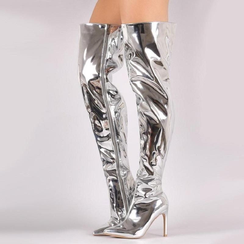 Women Thigh High Boots Autumn Winter Patent Leather High Heels Ladies Shoes Black Pointed Toe Stiletto Over The Knee Long Boots