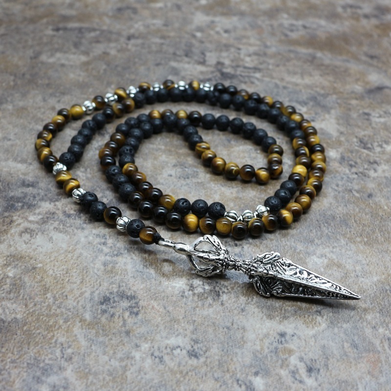 Natural Stone Necklace Men Retro Lava Bead Long Tiger Eye Skull/viking Pendants Necklaces Fashion Jewelry Kolye Hand Made 201014