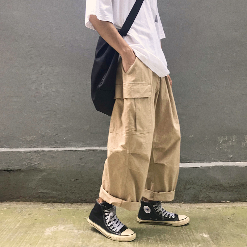 Men Casual Straight Japanese Cargo Pants Mens Loose Collage Wide Leg Pants Male Streetwear Trousers Buttoms 201128
