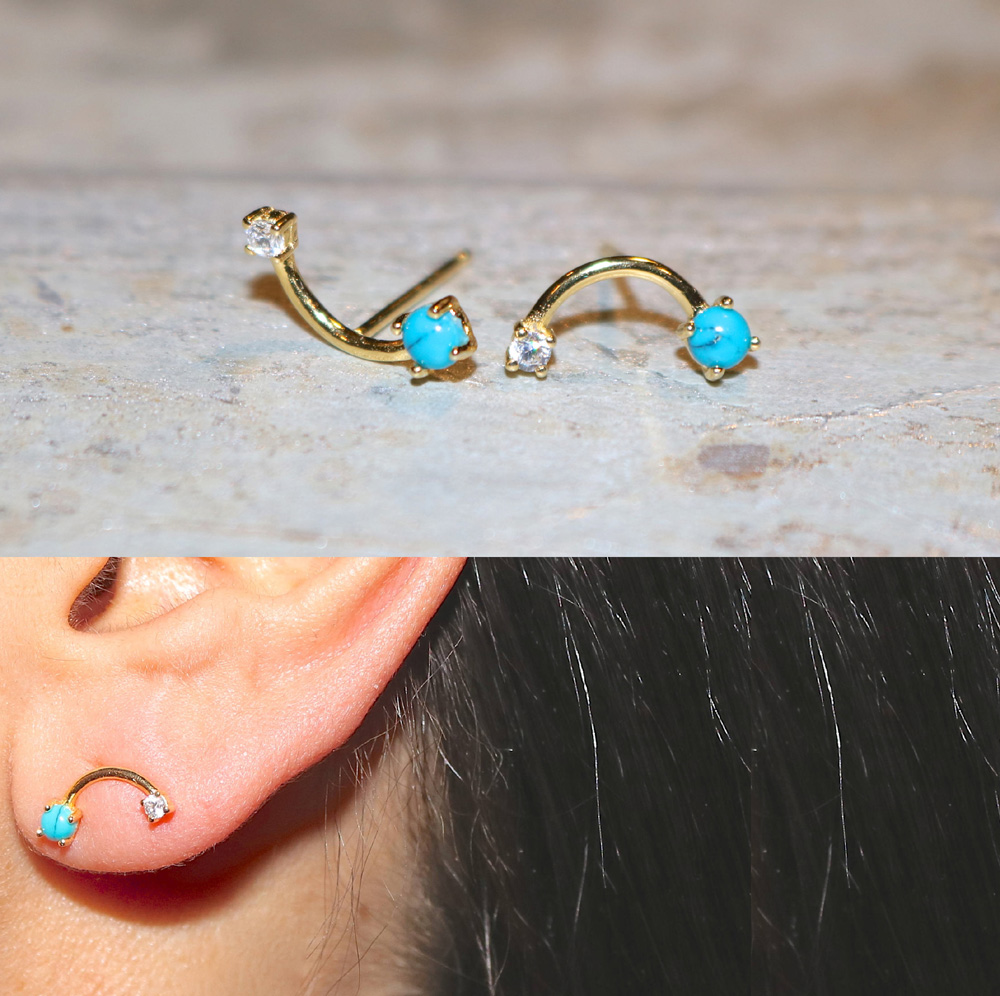 Fashion 925 sterling silver wave shape stud earring Jewelry Cute mini Stud Earrings with turquoise paved for Women ear Earring