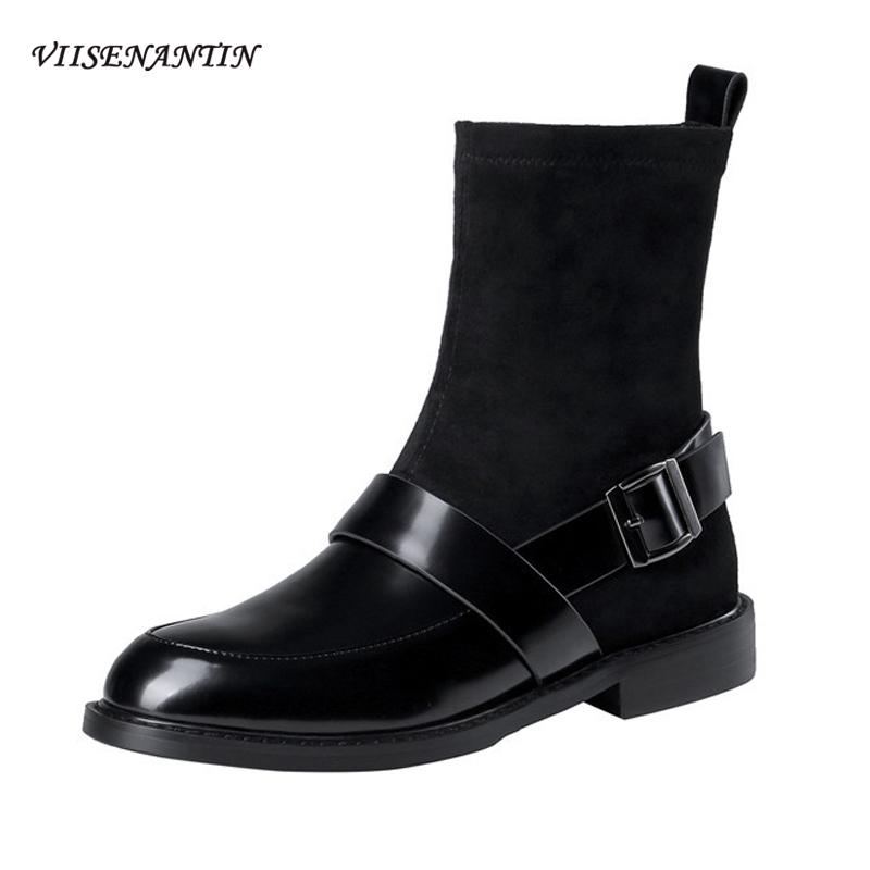 Autumn and Winter New British Style First Layer Cowhide Thick Low-heeled Short Boots Women Belt Buckle Round Head Elastic Boots, Black 
Autumn and Winter New British Style First Layer Cowhide Thick Low-heeled Short Boots Women Belt Buckle Round Head Elastic Boots, Black