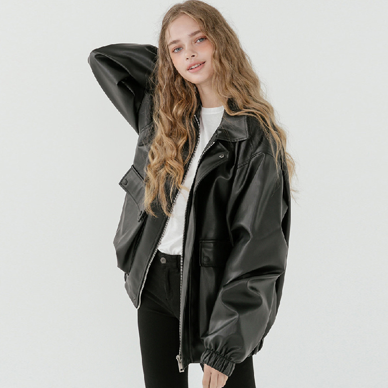 Lautaro Oversized leather jacket women long sleeve zipper turn down collar Loose black plus size faux leather jackets for women 201226