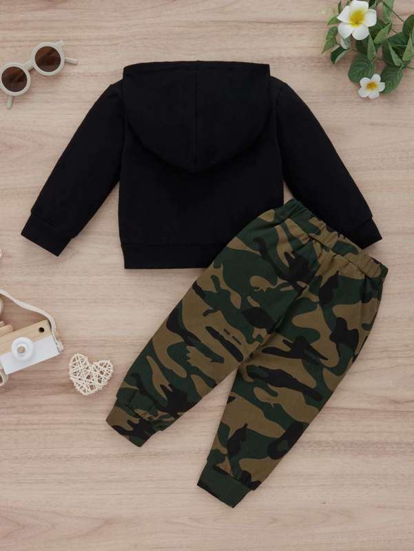 Baby Letter Graphic Hoodie & Camo Print Sweatpants SHE
