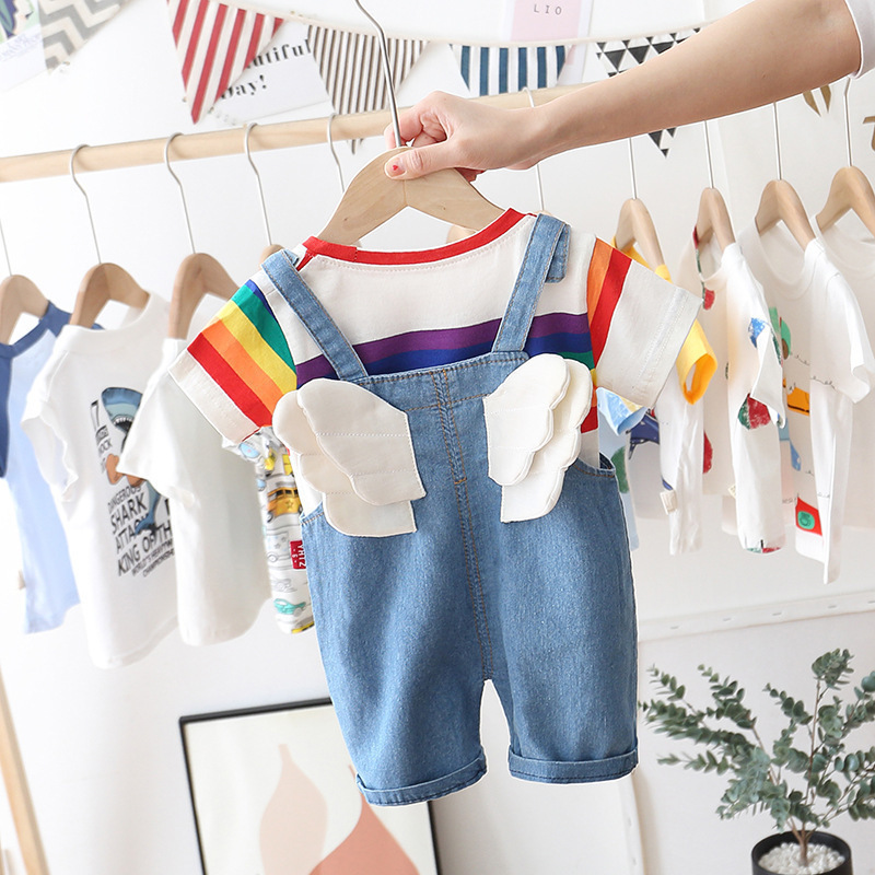 New Toddler Baby Boys Girls Clothing Sets 2Pcs T-shirts+Wing Overalls Rainbow Print Children's T shirt Clothes Fashion Kids SetsX1019