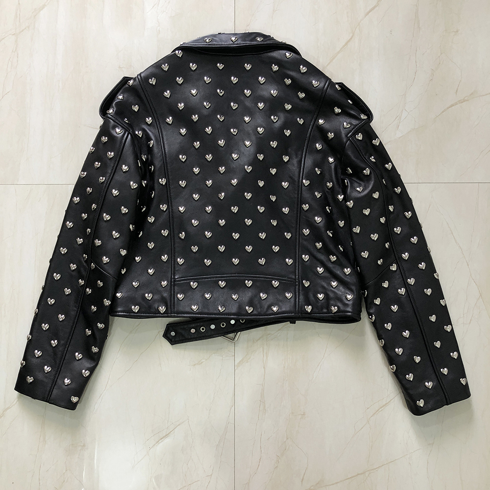 YOLOAgain women genuine leather jacket ladies high street heart rivet black real leather jacket 201030
