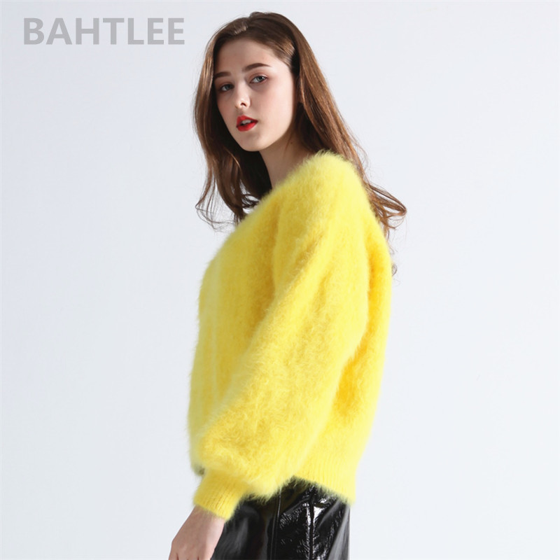 BAHTLEE Winter Women's Angora Rabbit Jumper Sweater V-Neck Lantern Sleeve Mink Cashmere Knitted Pullovers Keep Warm Thick Loose 201221