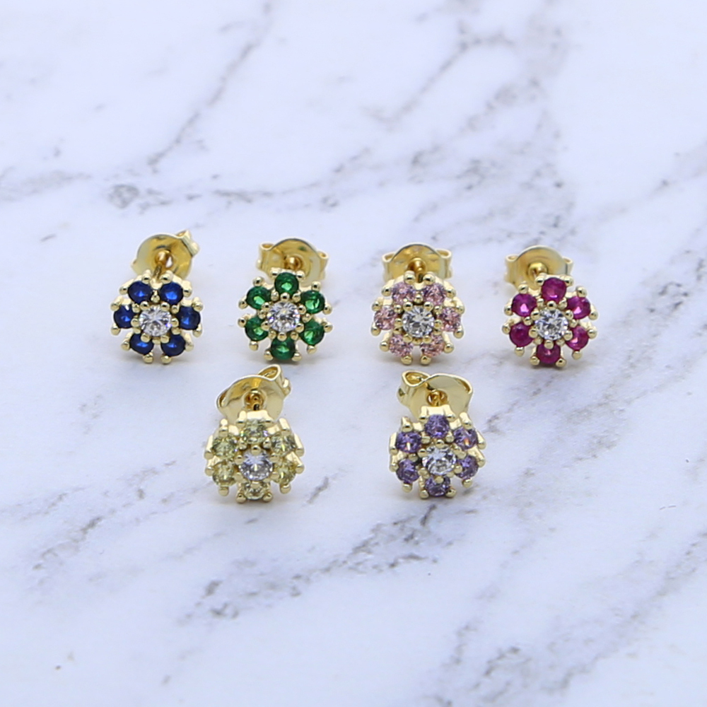 2021 Wholesale Rainbow Cz Pave Flower Shape Stud Earring with Green Purple Red Blue Pink Colorful Shiny Earring Jewelry for Girl Gift